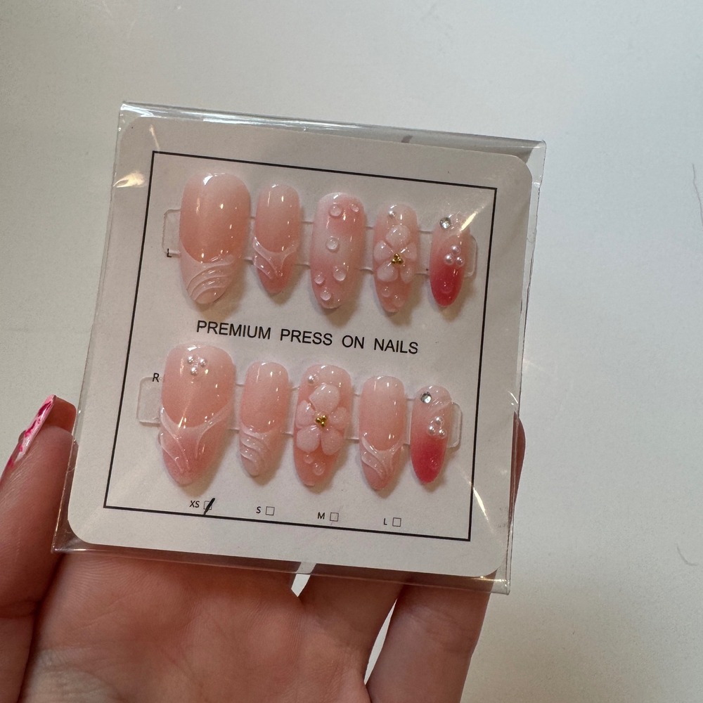 Premium Press On Nails XS Pink Ombre 3D Floral Pearl Almond Shape Set